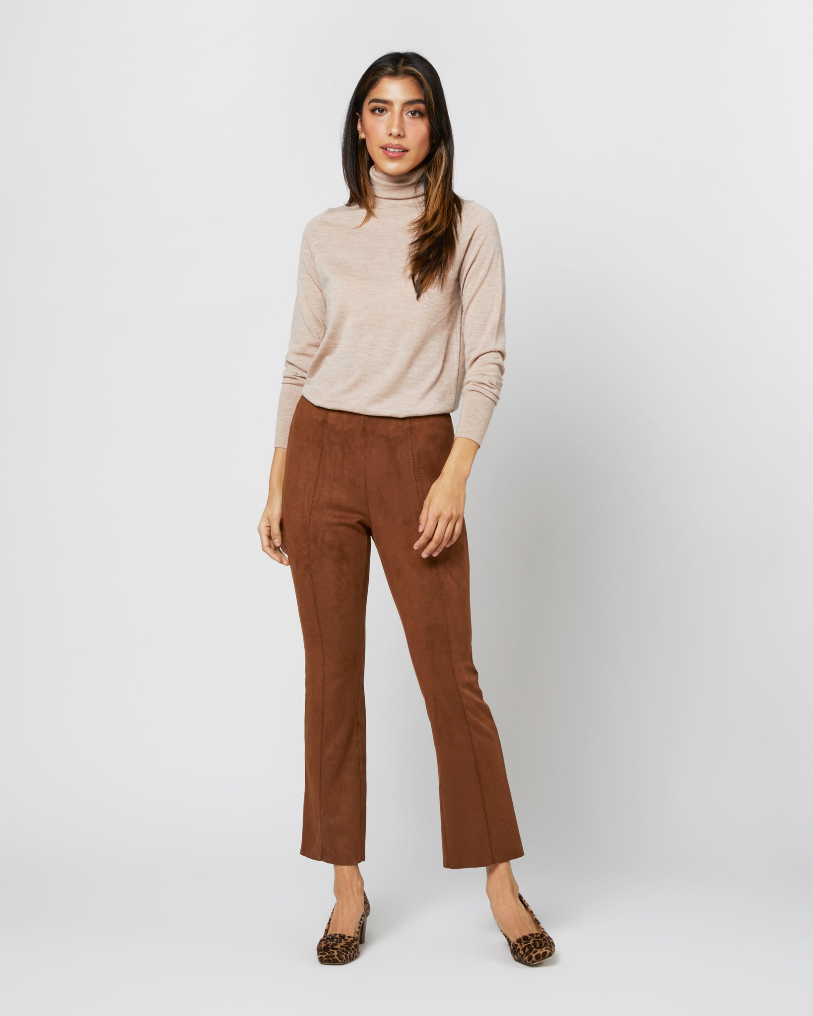 Faye Flare Cropped Seamed Pant in Cognac Vegan Suede