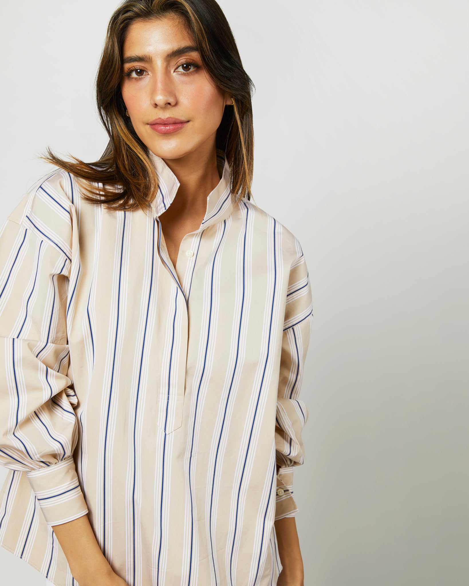 Anaya Popover Shirt in Taupe/White Multi Stripe Poplin