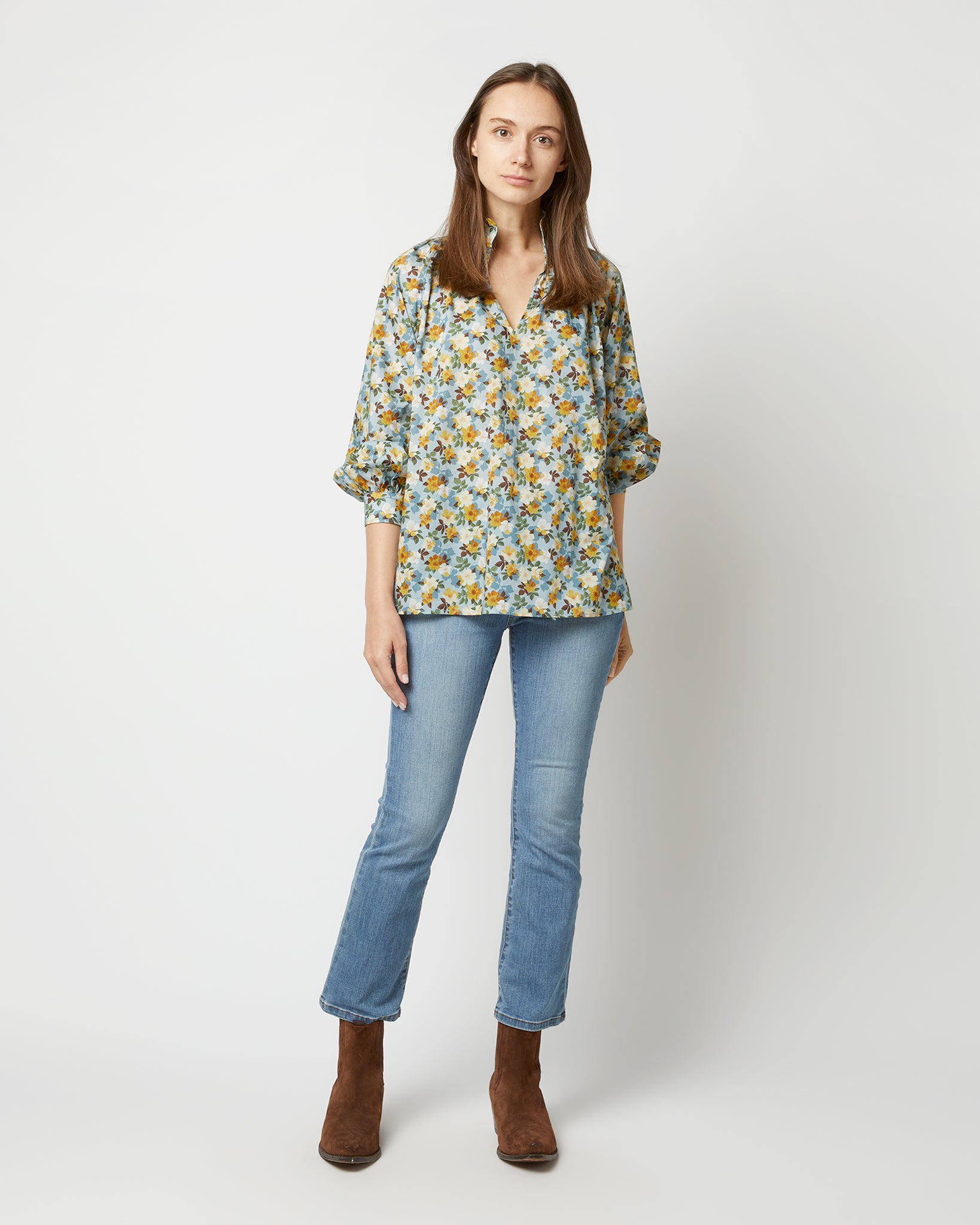 Long-Sleeved Maeve Smocking Top in Blue/Gold Nysa Liberty Fabric