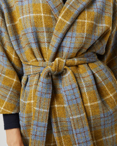 Kimono Carina Coat in Blue/Gold Plaid Harris Tweed