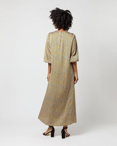 Long-Sleeved Paige Maxi Dress in Gold/Sapphire Sunflower Charmeuse