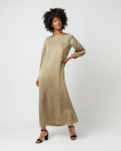 Long-Sleeved Paige Maxi Dress in Gold/Sapphire Sunflower Charmeuse