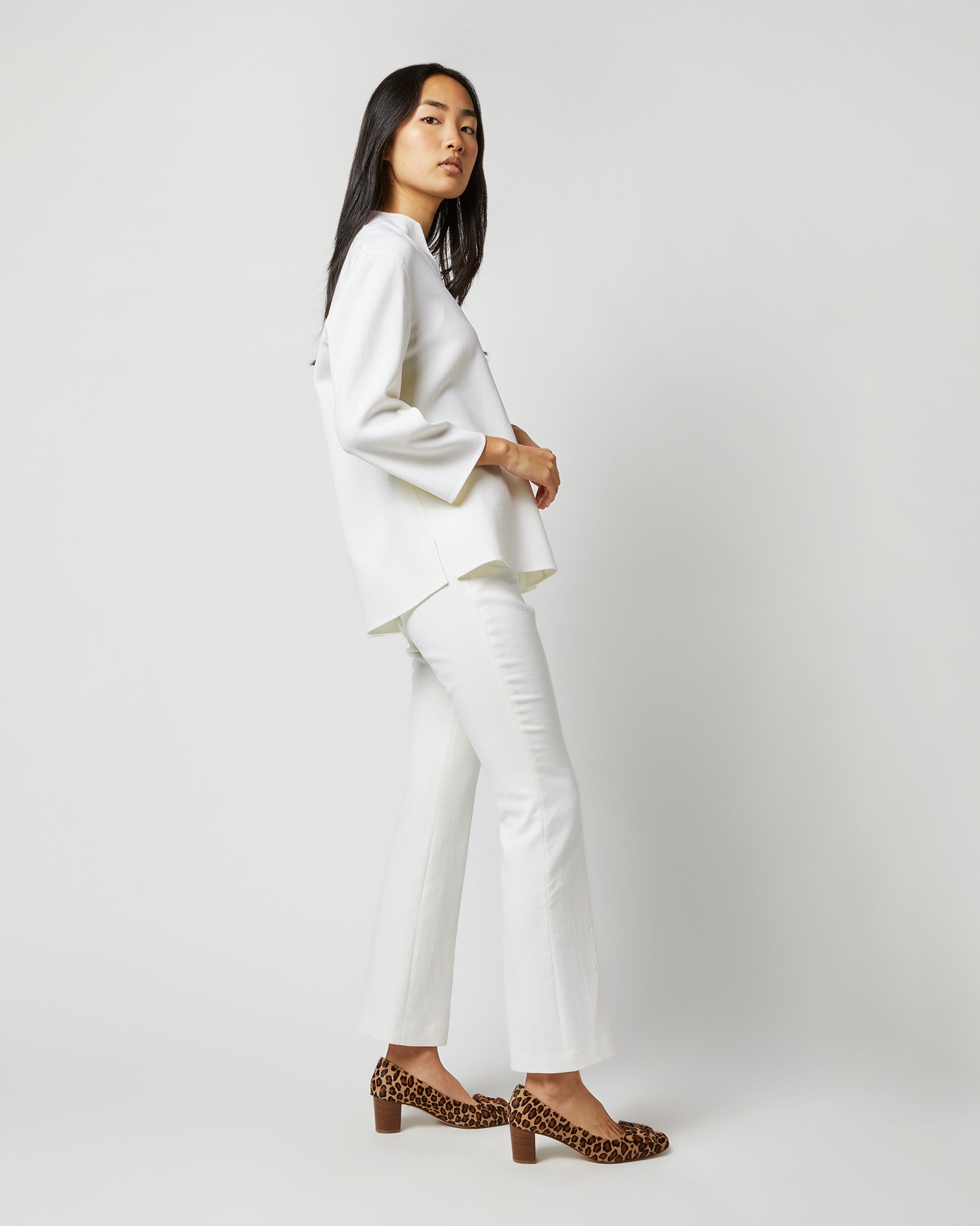 Faye Flare Cropped Pant in Ivory Double-Weave Wool
