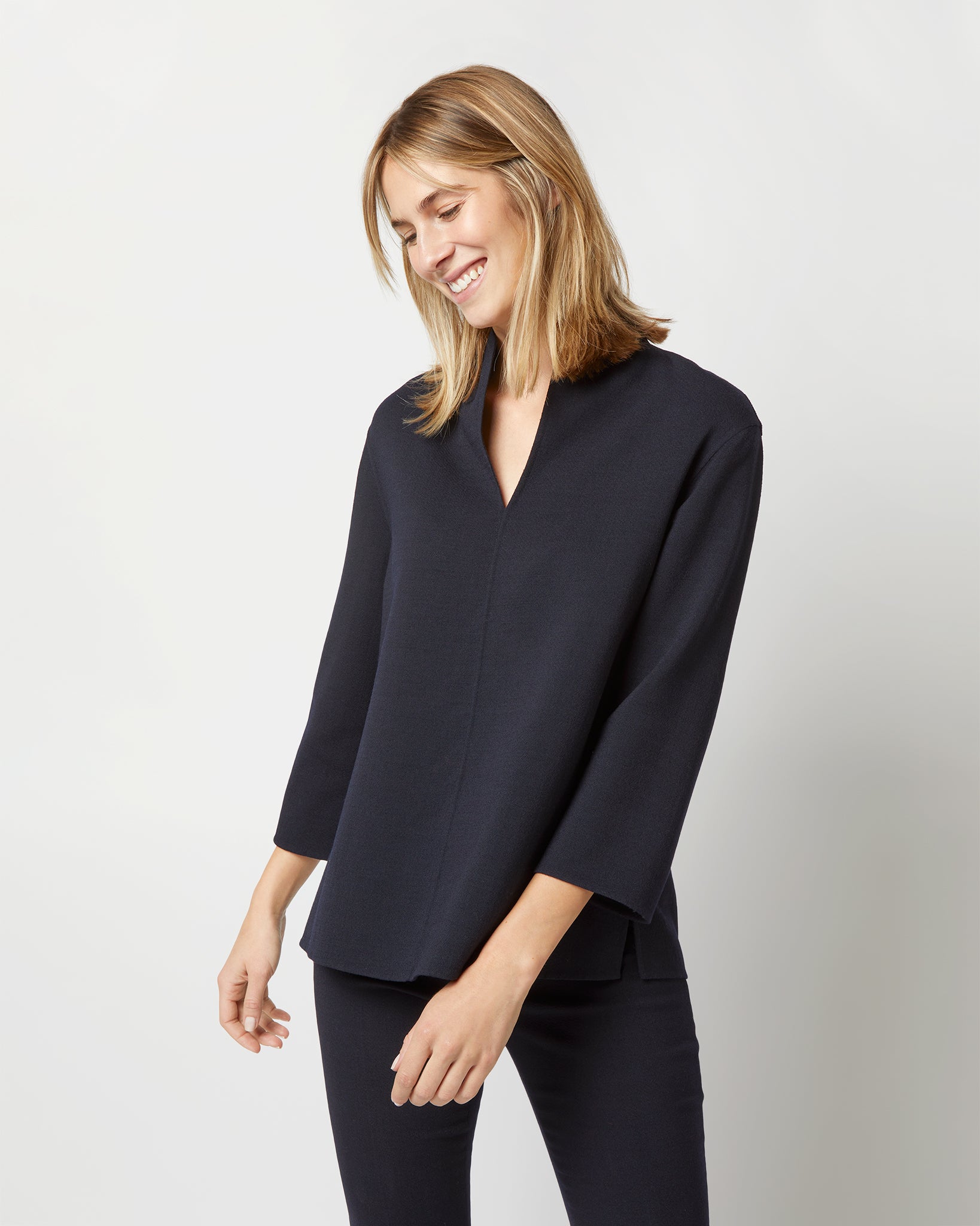 Camilla Top in Navy Double-Weave Wool