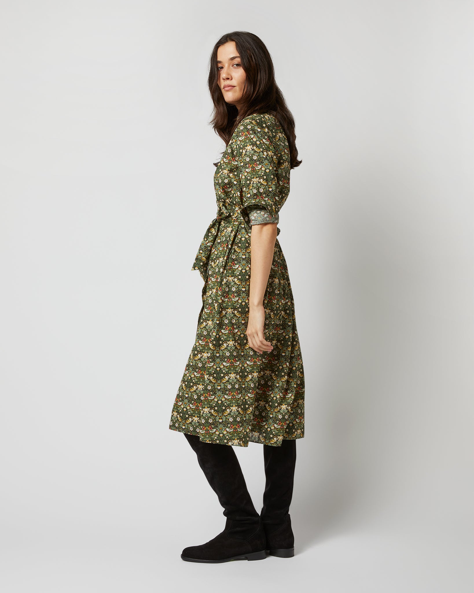 Long-Sleeved Gianna Dress in Hunter Multi Strawberry Thief Liberty Fabric
