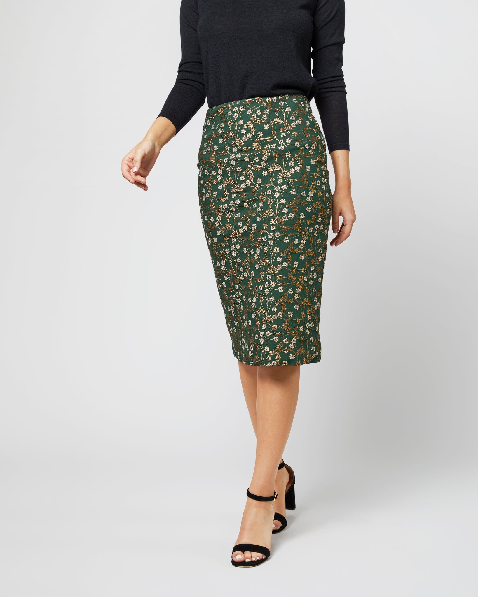 Pull-On Skirt in Hunter/Gold Floral Jacquard