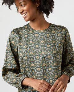 Long-Sleeved Paige Maxi Dress in Hunter/Gold Moon Flower Liberty Fabric Silk