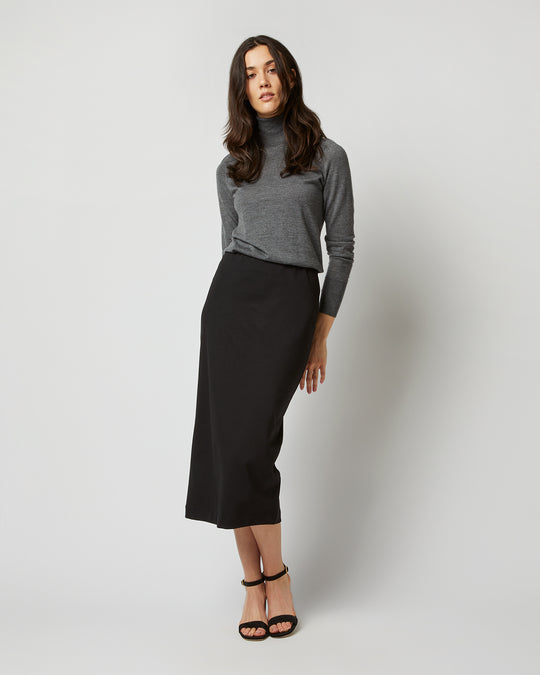 Long Pull-On Skirt in Black Ponte Knit