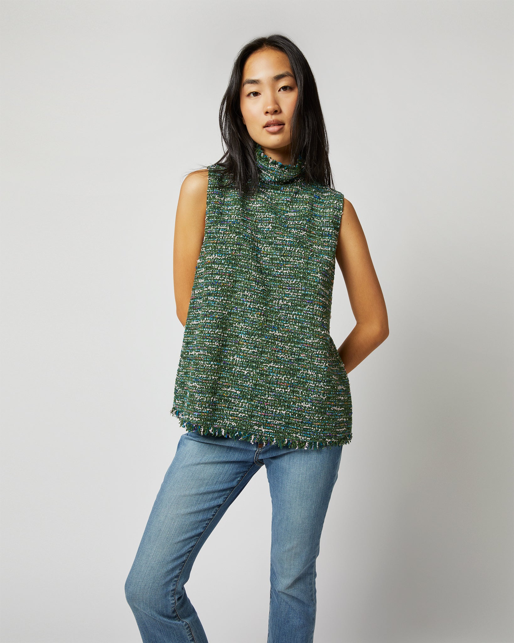 Sleeveless Ana Fringe Top in Green/Pink Tweed | Shop Ann Mashburn