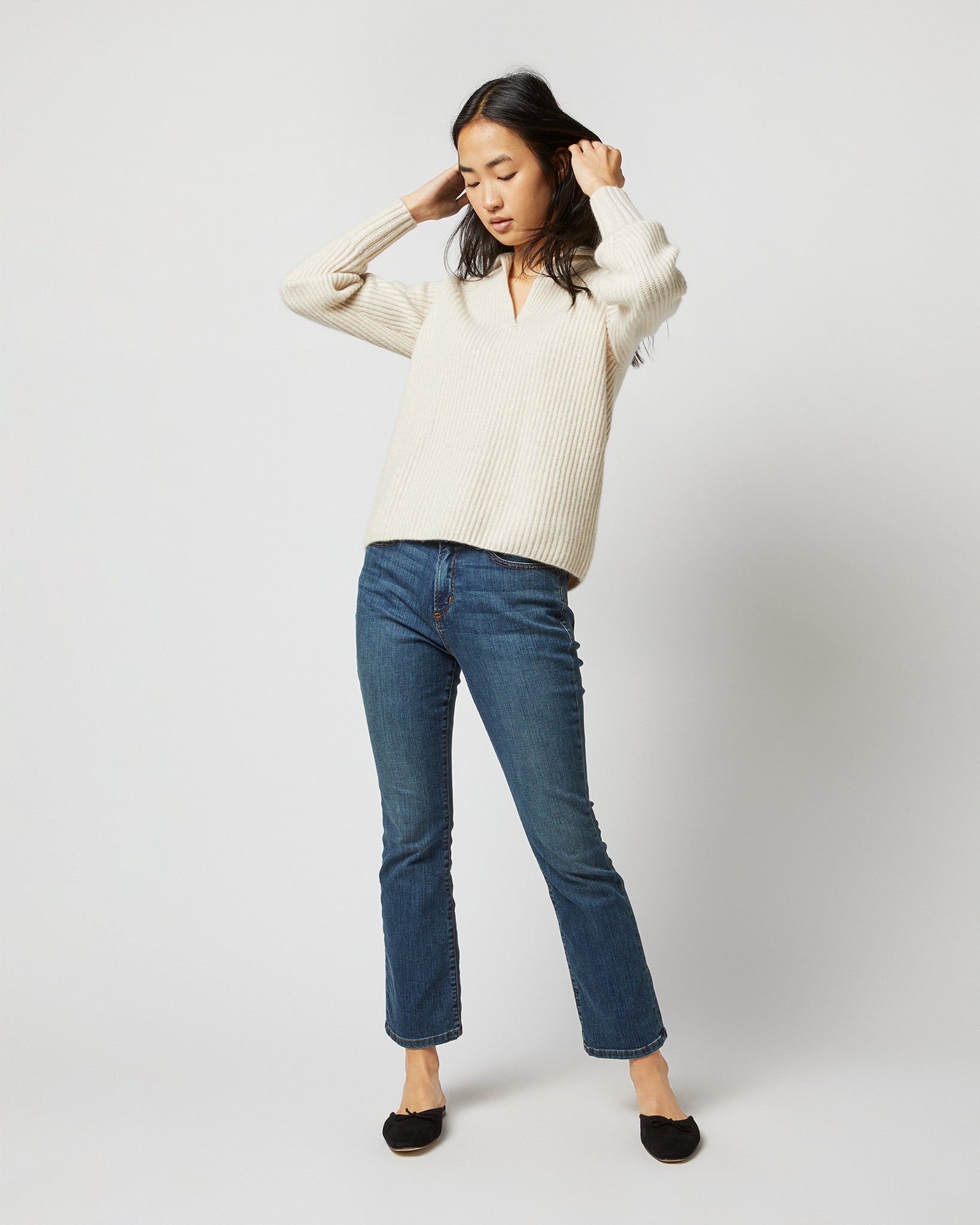 Blaire Johnny-Collar Shaker Sweater in Wheat Cashmere
