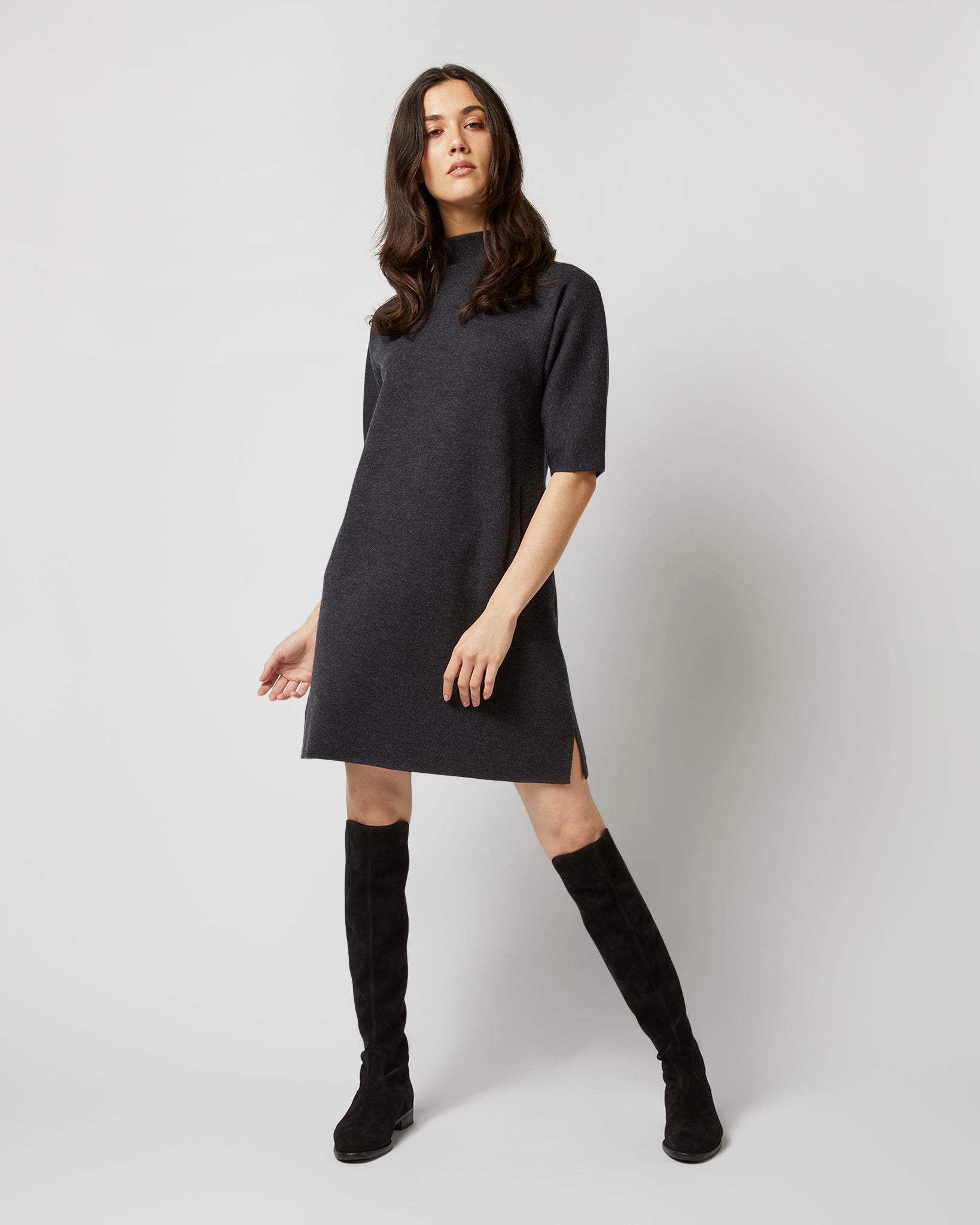 Rowan Short-Sleeved Funnel-Neck Dress in Heather Coal Merino Wool