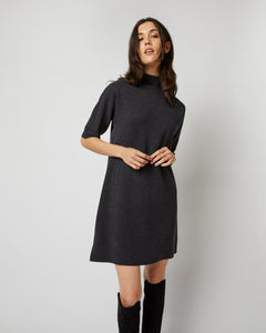 Rowan Short-Sleeved Funnel-Neck Dress in Heather Coal Merino Wool