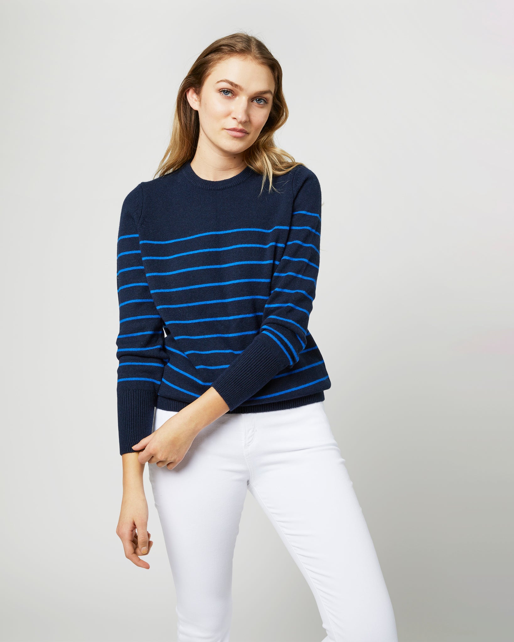 Cydney Boyfriend Crewneck Sweater in Navy/Blue Stripe Cashmere