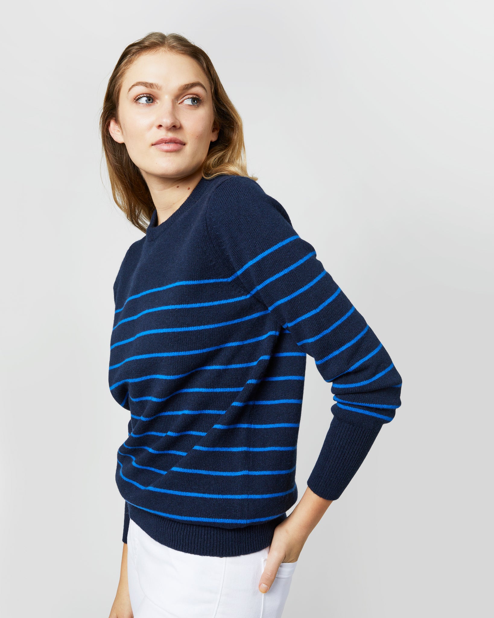 Cydney Boyfriend Crewneck Sweater in Navy/Blue Stripe Cashmere