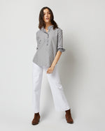 Load image into Gallery viewer, Frill Shirt in Dark Olive Awning Stripe Cotton
