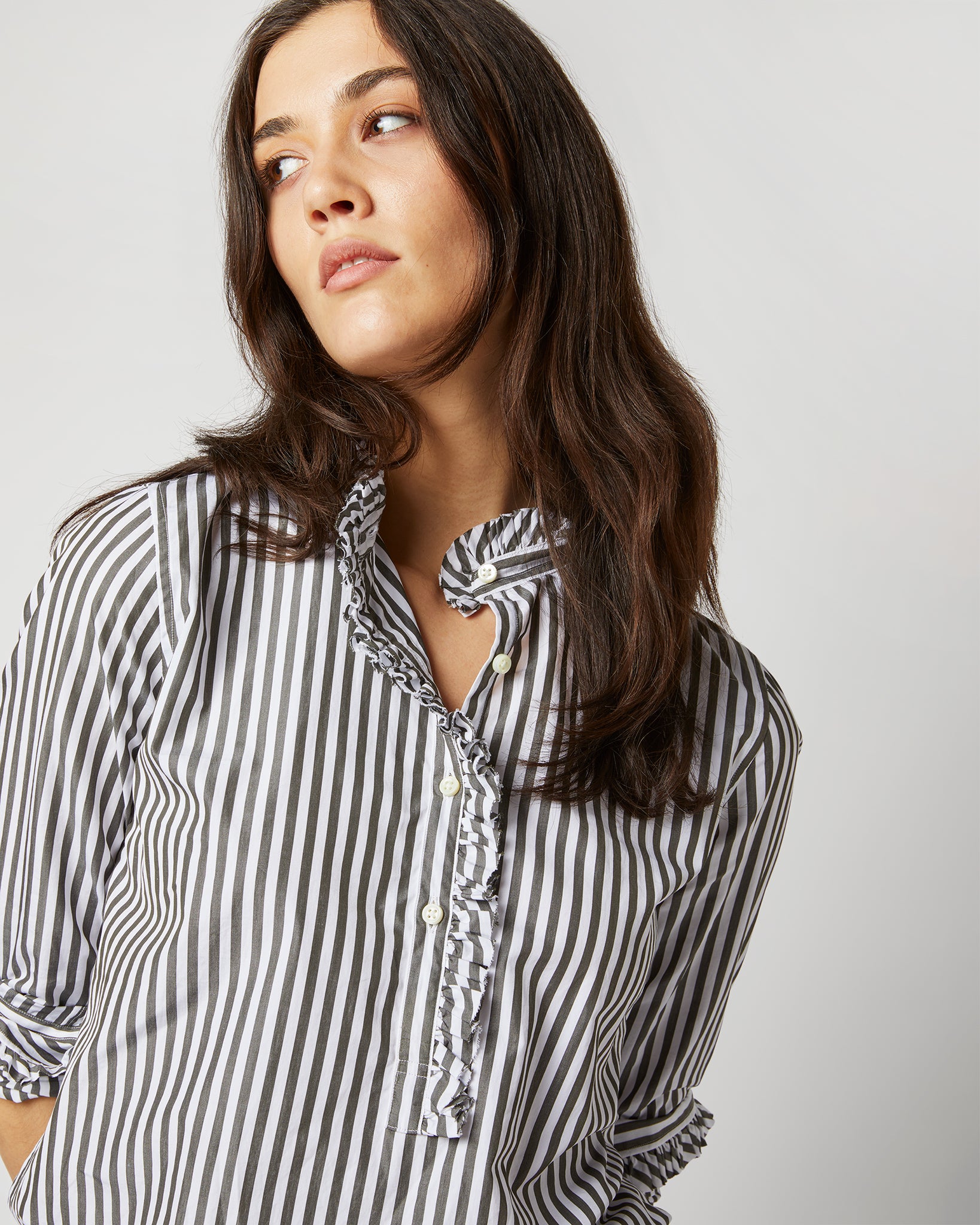 Frill Shirt in Dark Olive Awning Stripe Cotton