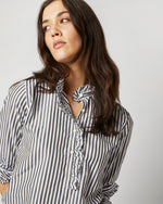 Load image into Gallery viewer, Frill Shirt in Dark Olive Awning Stripe Cotton

