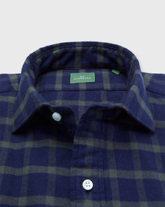 Spread Collar Sport Shirt in Navy/Olive Plaid Flannel