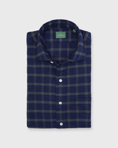 Spread Collar Sport Shirt in Navy/Olive Plaid Flannel