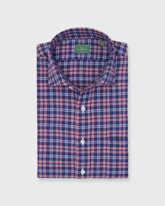 Spread Collar Sport Shirt in Salmon/Navy Plaid Brushed Twill