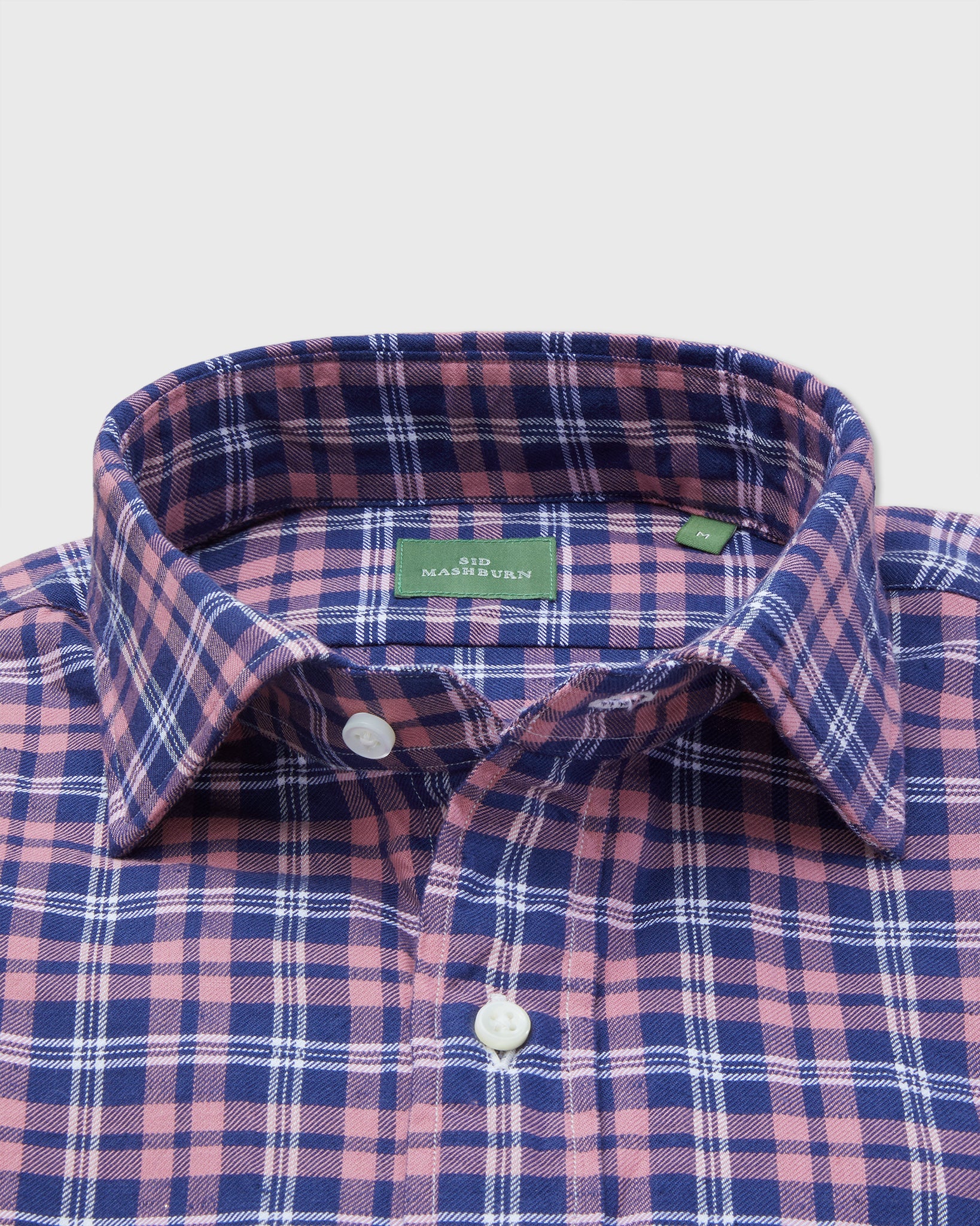 Spread Collar Sport Shirt in Salmon/Navy Plaid Brushed Twill