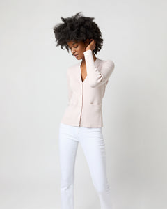 Nia Long-Sleeved Ribbed Cardigan in Blush Cotton/Silk