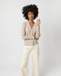 Nia Long-Sleeved Ribbed Cardigan in Latte Cotton/Silk