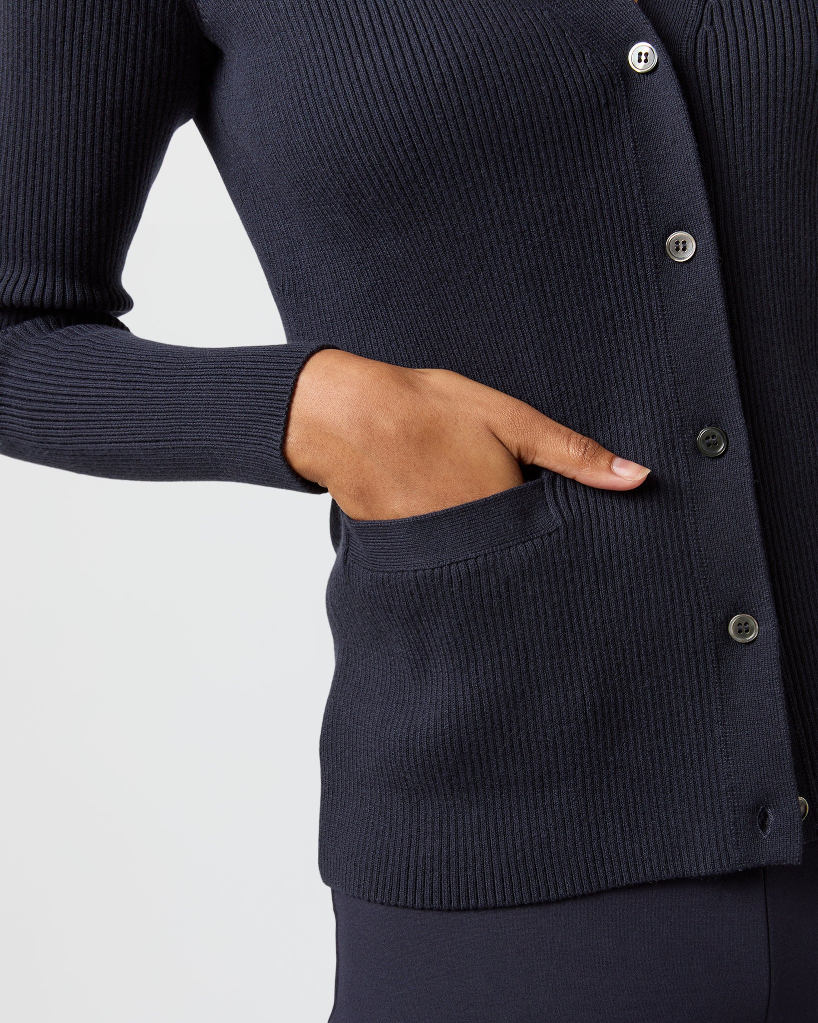 Nia Long-Sleeved Ribbed Cardigan in Navy Cotton/Silk