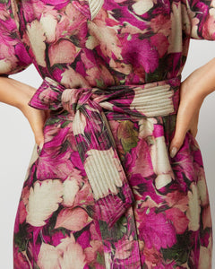 Trapunto Blouson-Sleeve Dress in Berry/Multi Winter Garden Venetian