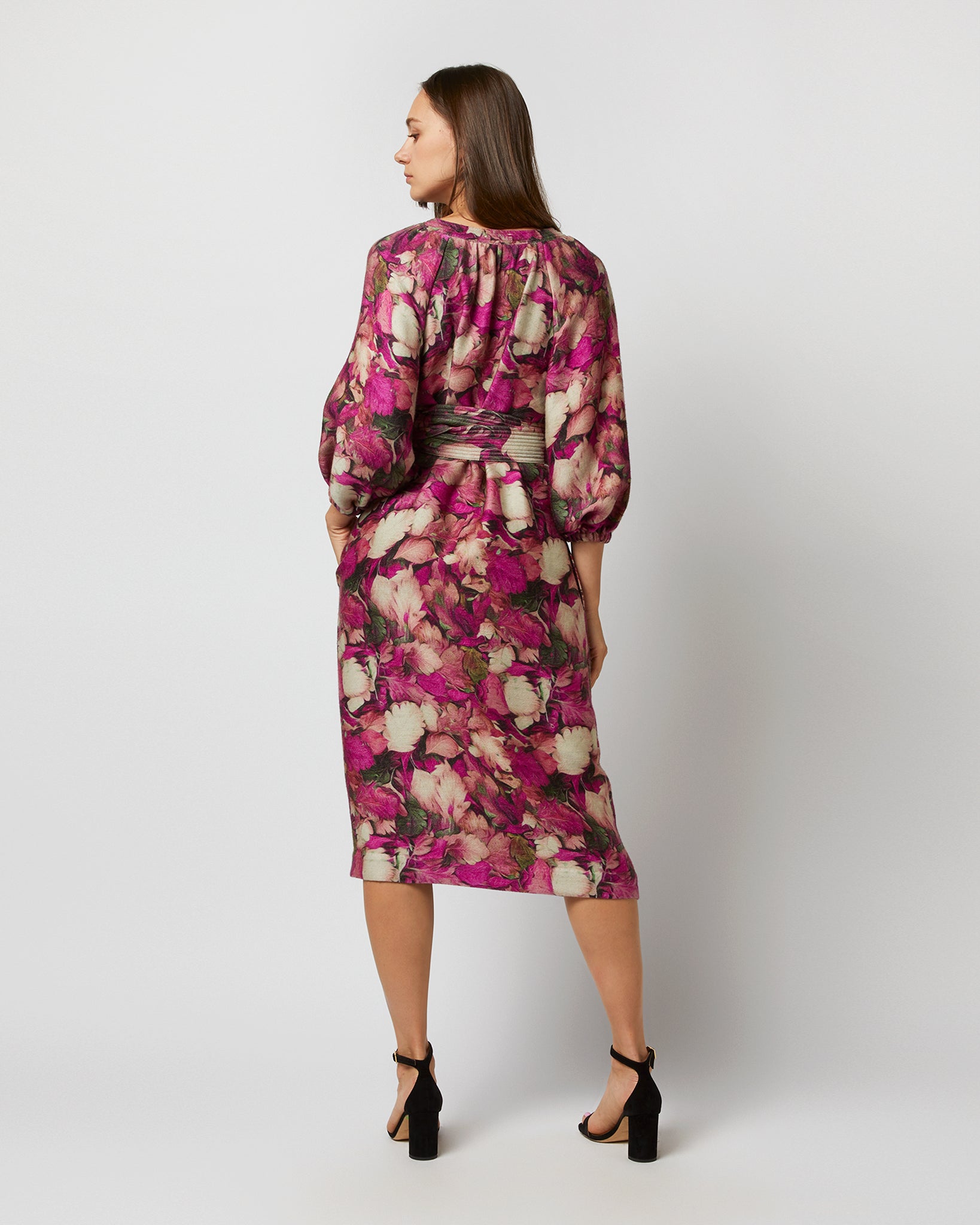 Trapunto Blouson-Sleeve Dress in Berry/Multi Winter Garden Venetian