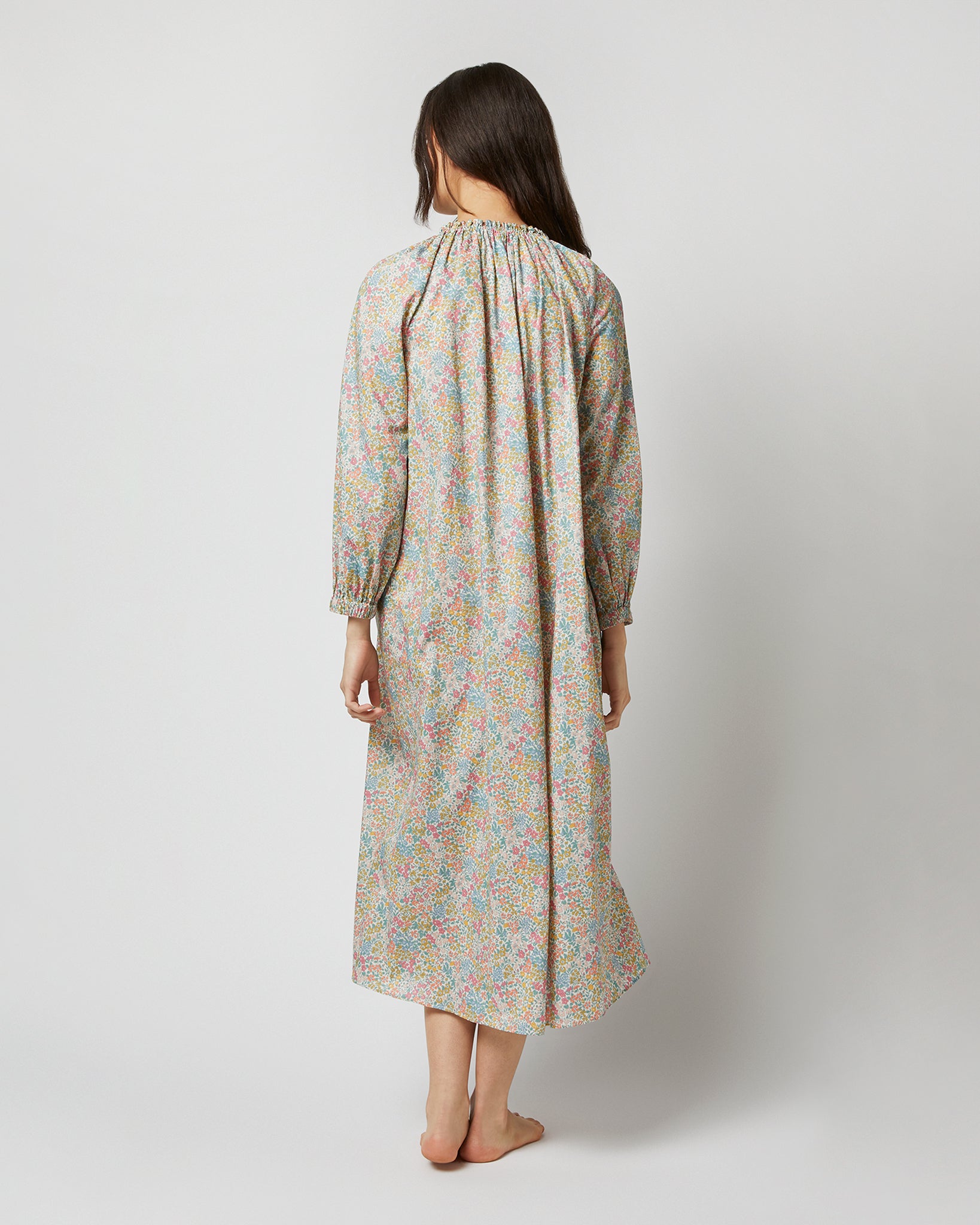 Long-Sleeved Lucy Nightdress in Pale Yellow/Orange/Blue Joanna Louise Liberty Fabric