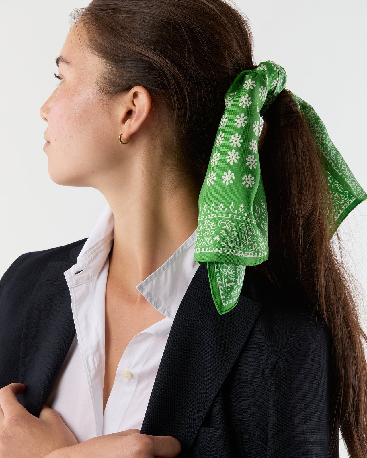 Medium Hand-Rolled Silk Scarf in Avocado/Ivory Floral Bandana