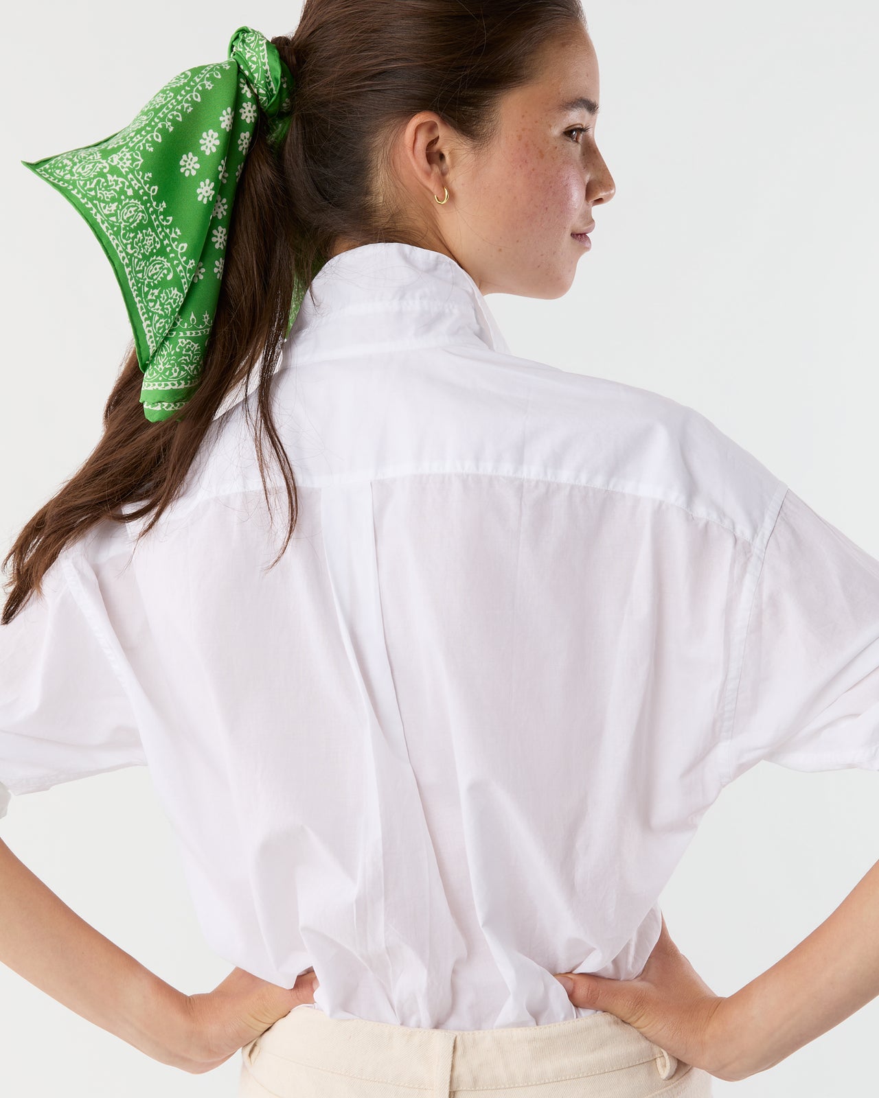 Medium Hand-Rolled Silk Scarf in Avocado/Ivory Floral Bandana