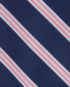 Silk Woven Tie in Navy/White/Pink Stripe