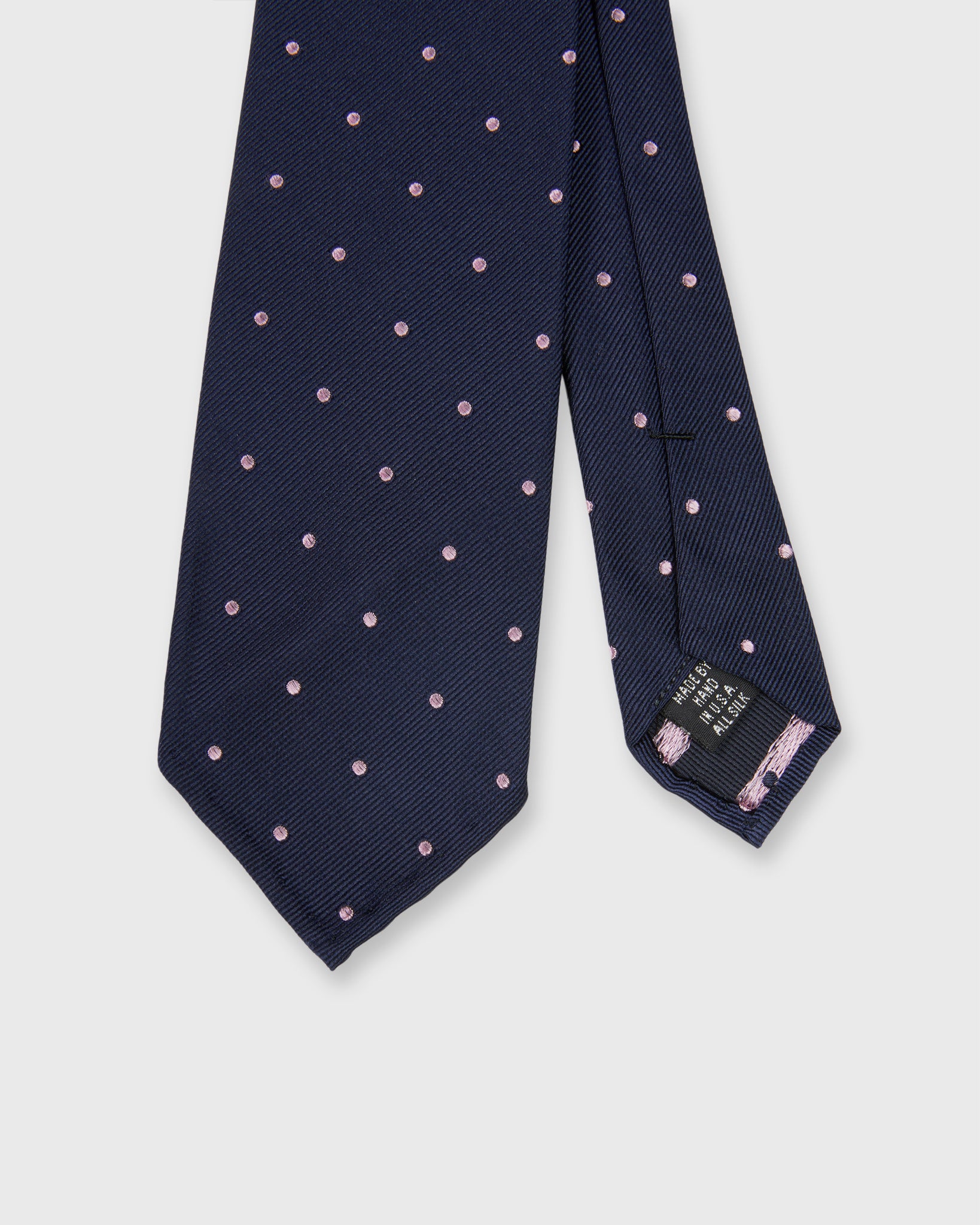 Silk Woven Tie in Navy/Pink Dot