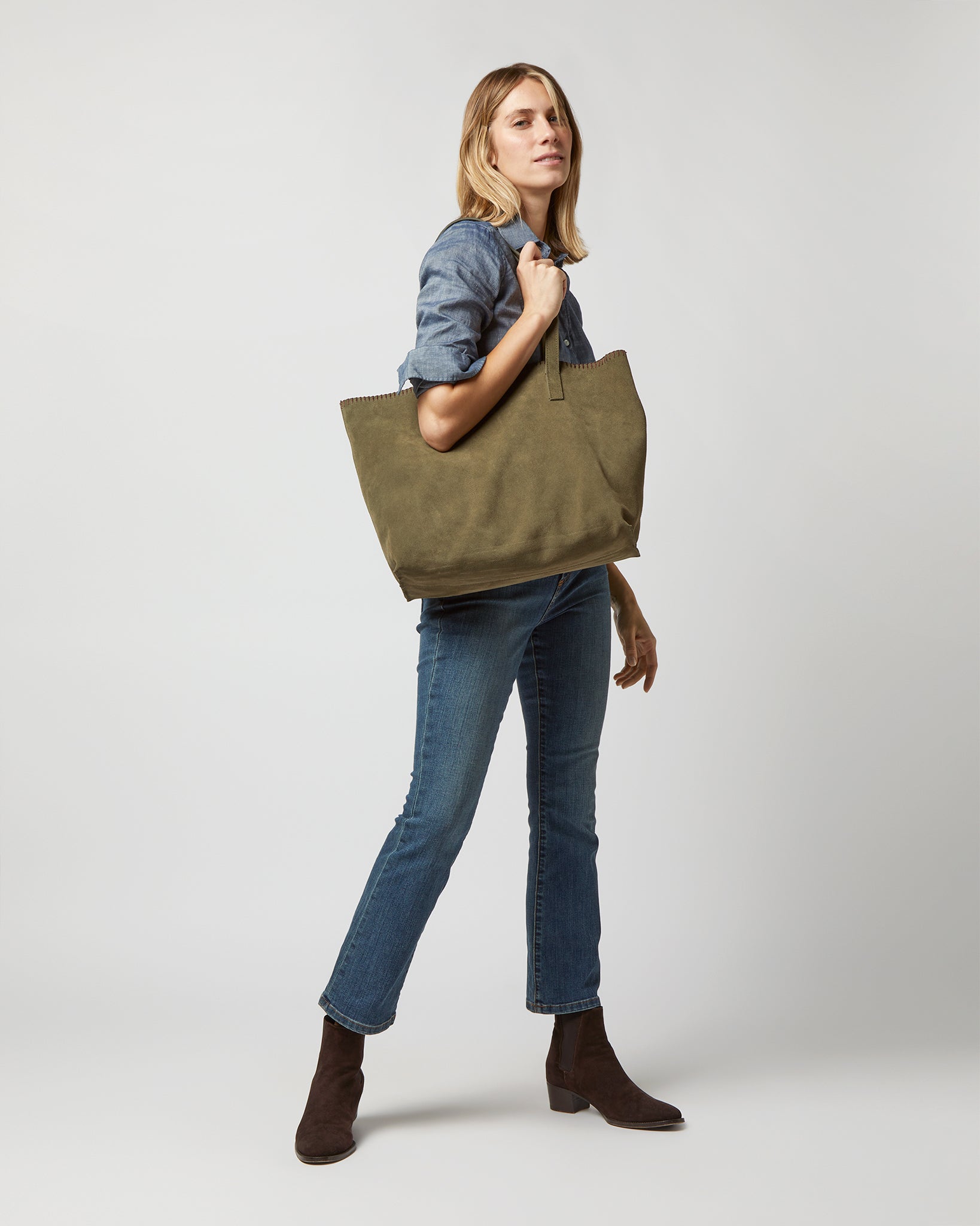 Whipped-Stitch Tote in Olive Suede