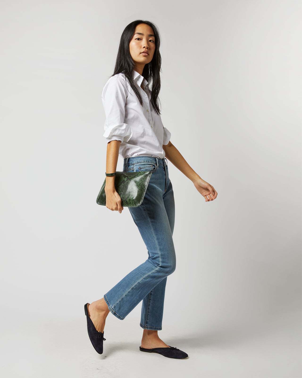 Zip Clutch in Green Python Calf Leather