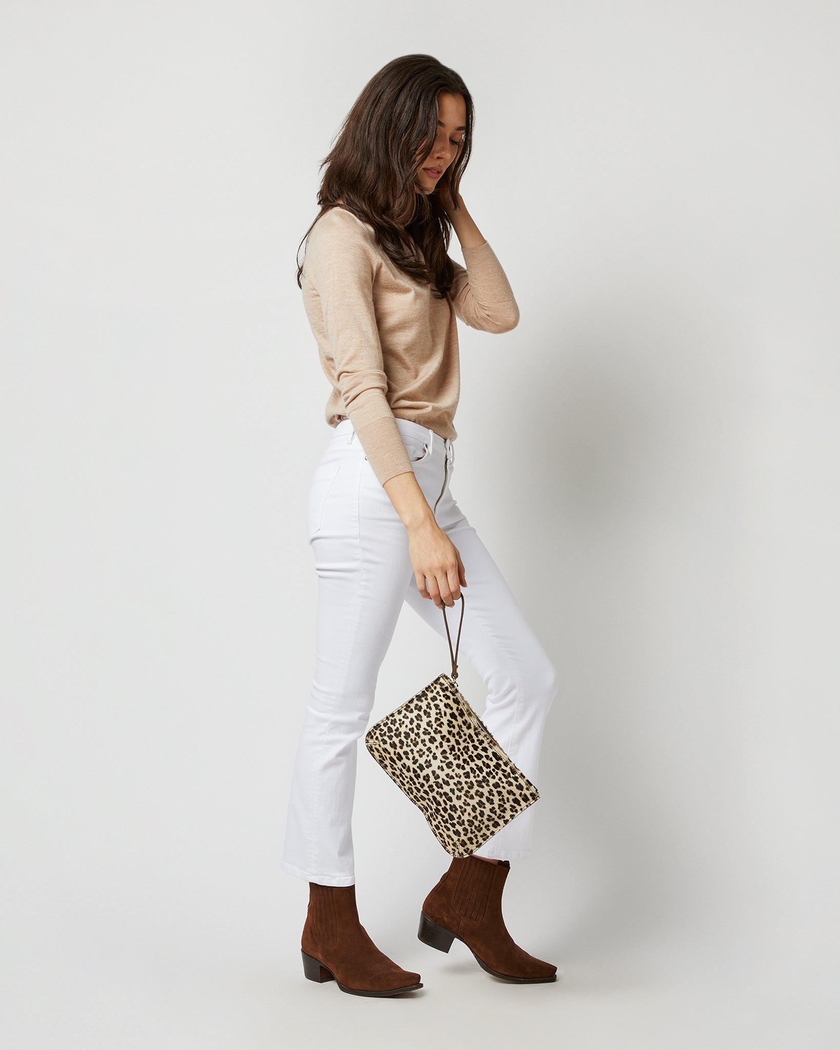 Zip Clutch in White Leopard Printed Pony