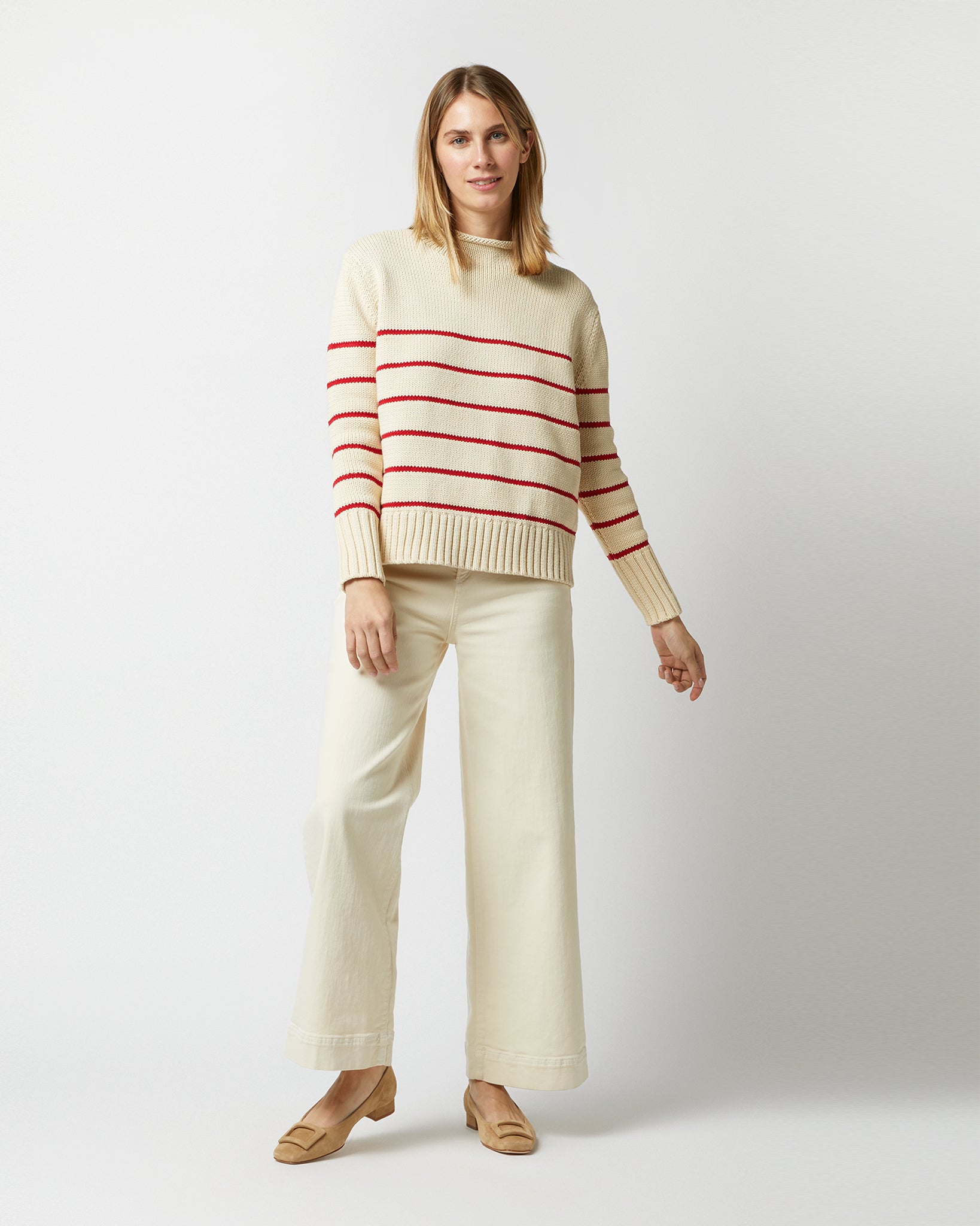 Stevie Sweater in Red/Cream Maritime Stripe Cotton Tape Yarn