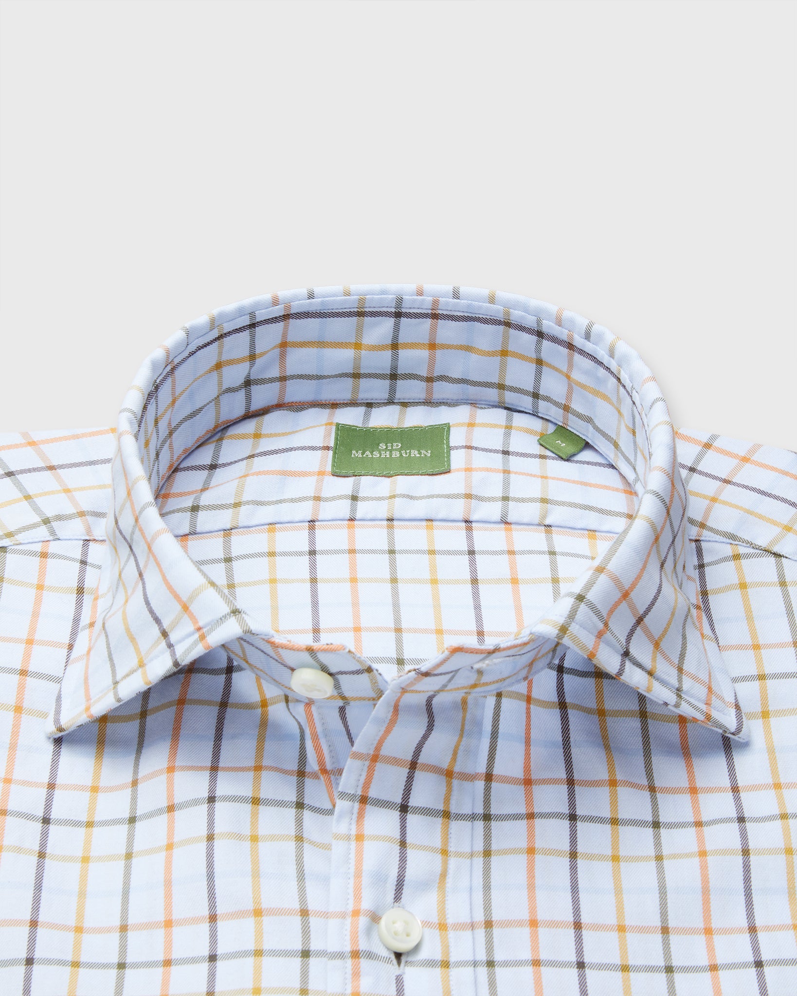 Spread Collar Sport Shirt in Sky/Orange/Olive Tattersall Brushed Twill