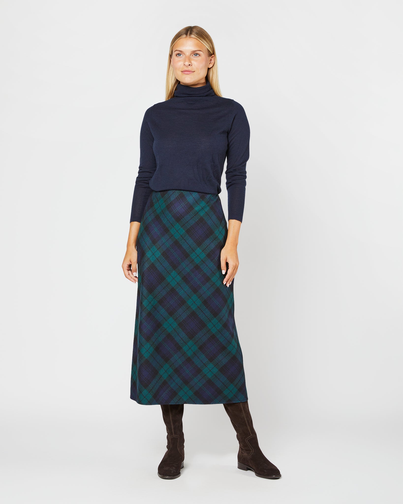 Marina Side-Zip Skirt in Blackwatch Tartan Stretch Wool