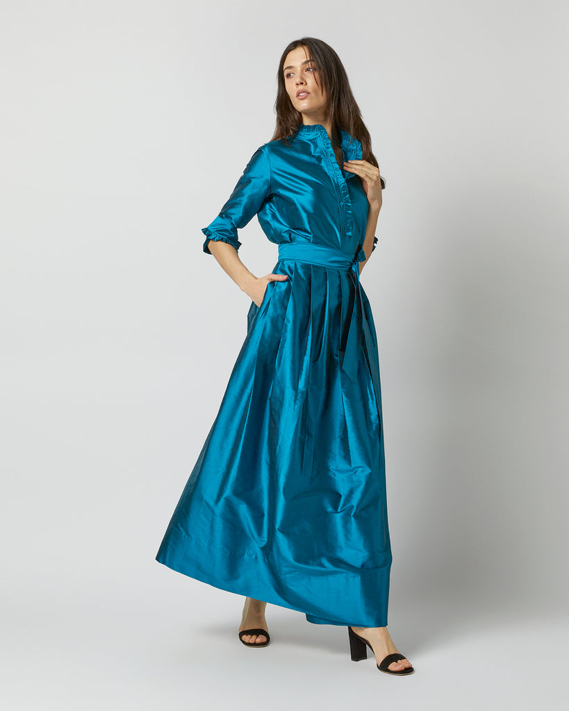 Pleated Wrap Skirt in Atlantic Blue Silk Shantung | Shop Ann Mashburn
