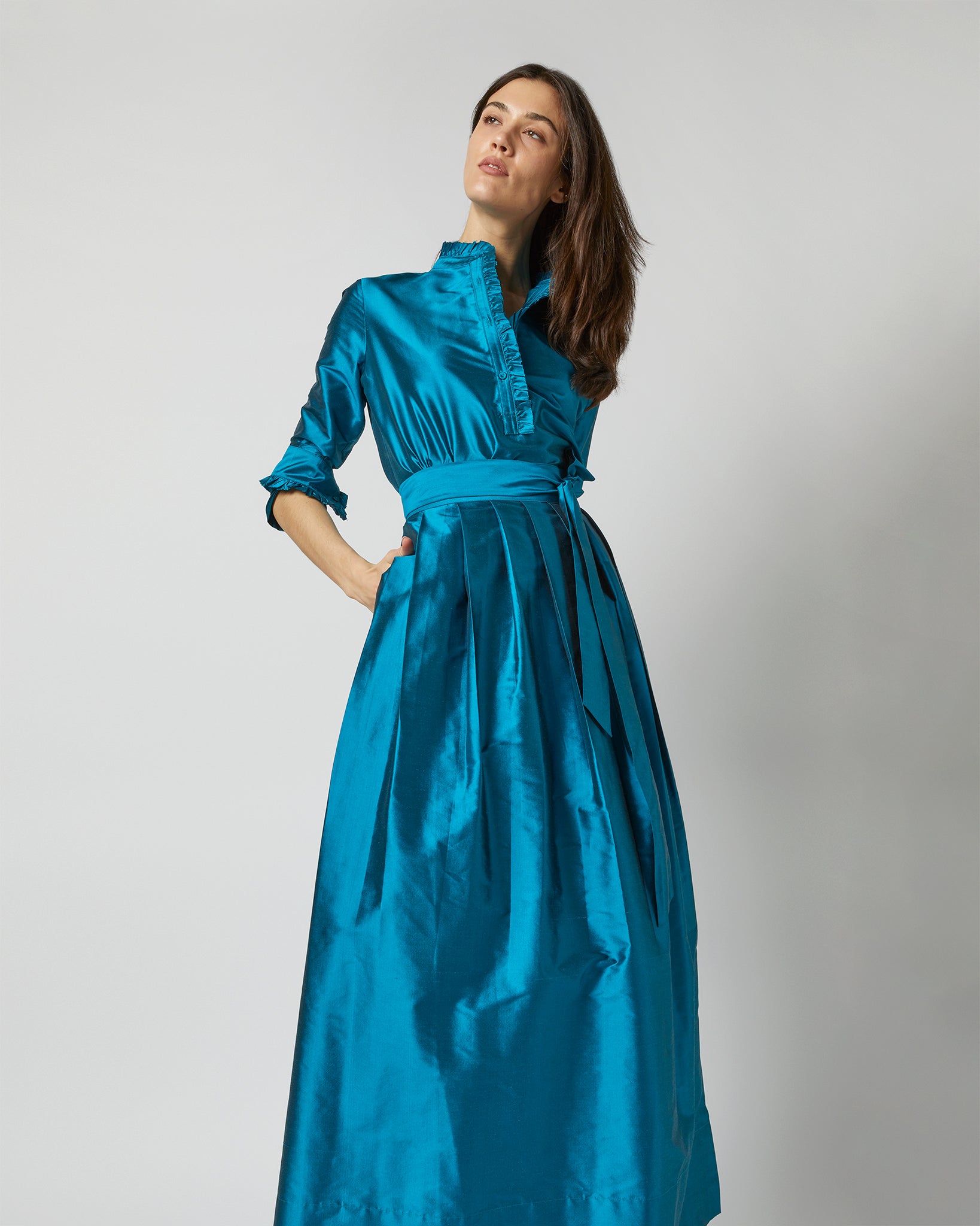 Pleated Wrap Skirt in Atlantic Blue Silk Shantung | Shop Ann Mashburn