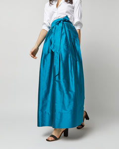 Pleated Wrap Skirt in Atlantic Blue Silk Shantung