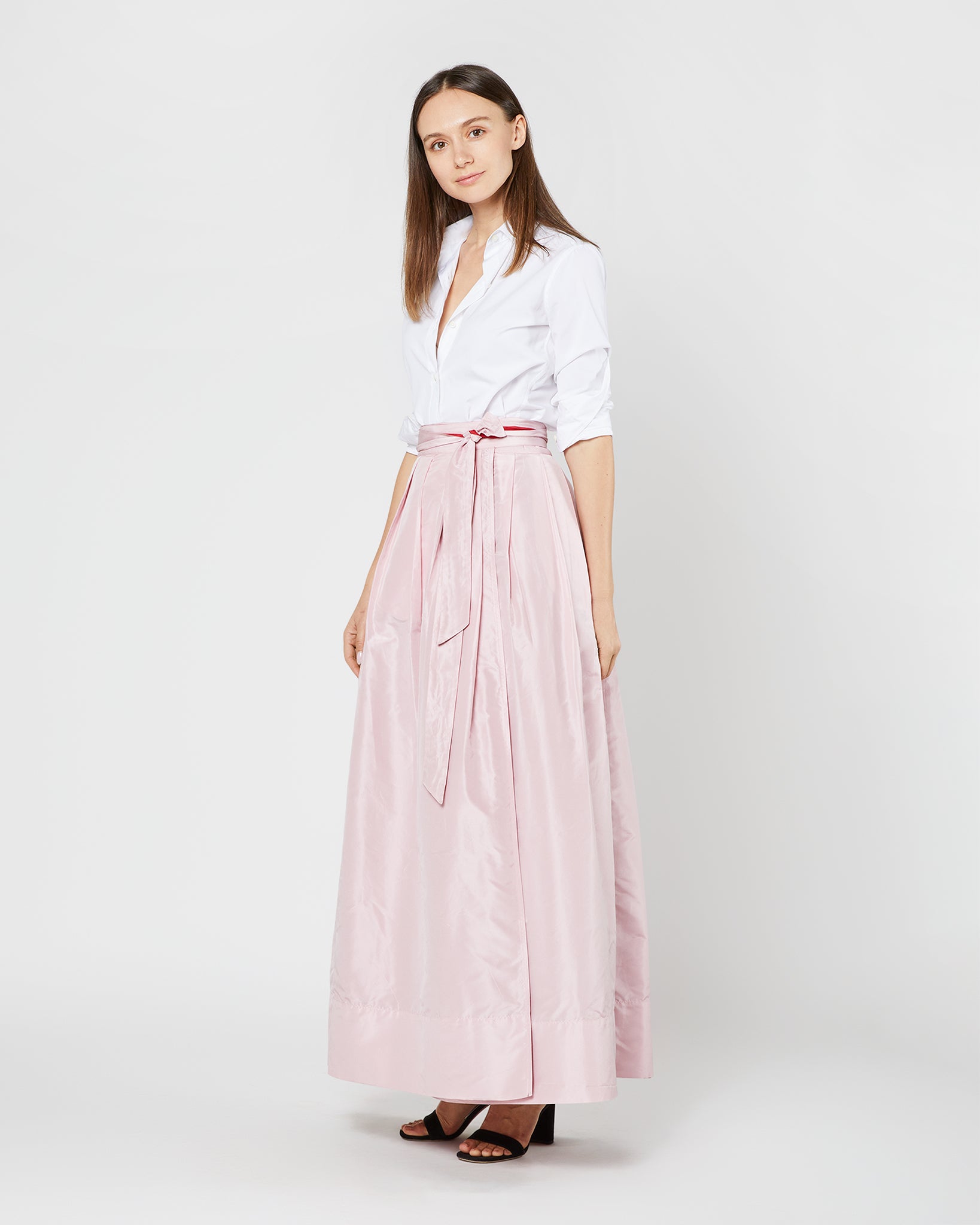 Reversible Pleated Wrap Skirt in Light Pink/Red Silk Taffeta 