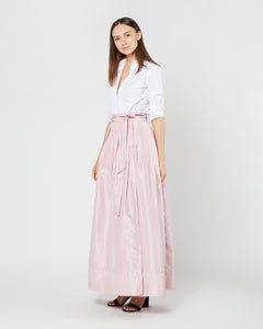 Reversible Pleated Wrap Skirt in Light Pink/Red Silk Taffeta