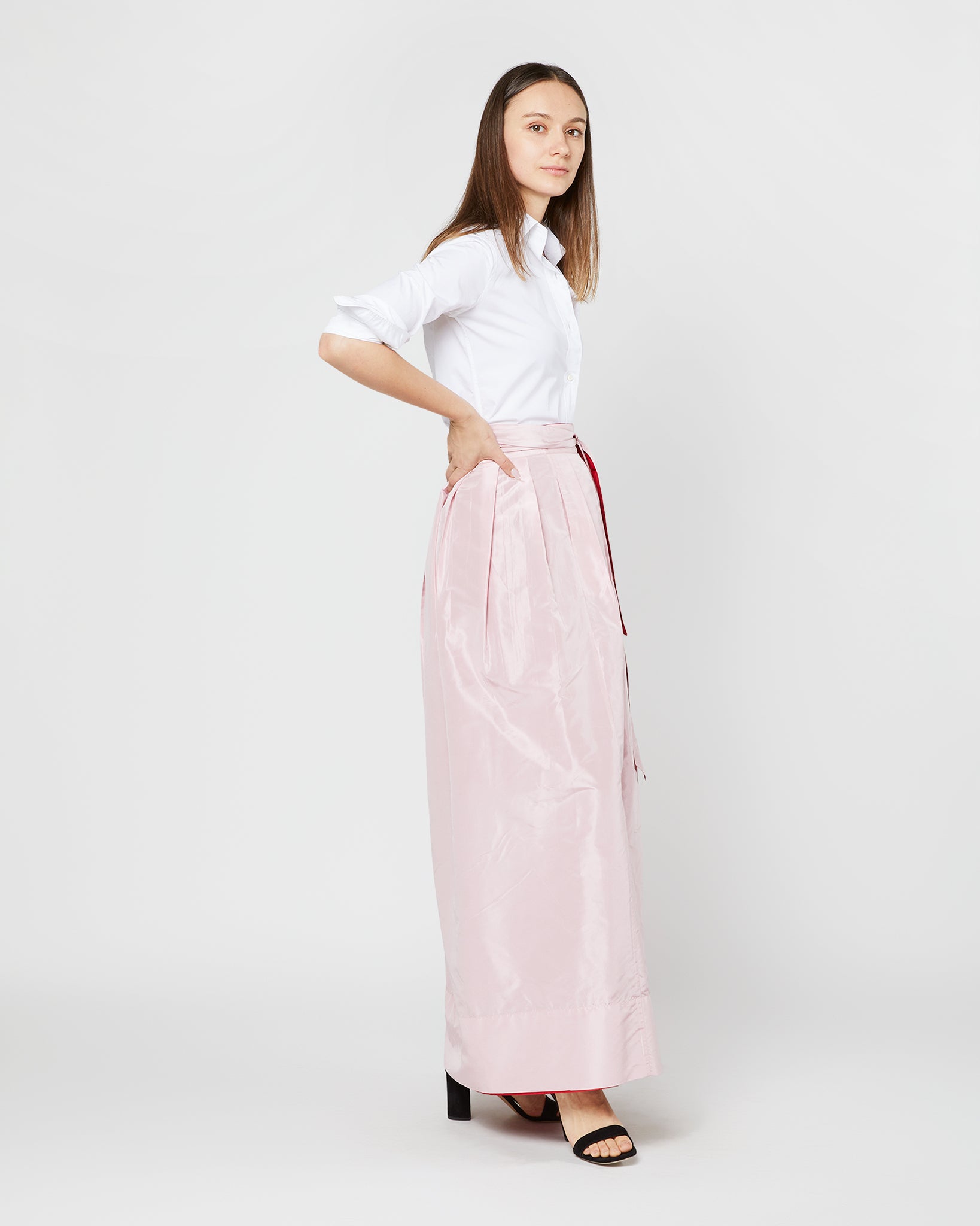 Reversible Pleated Wrap Skirt in Light Pink/Red Silk Taffeta