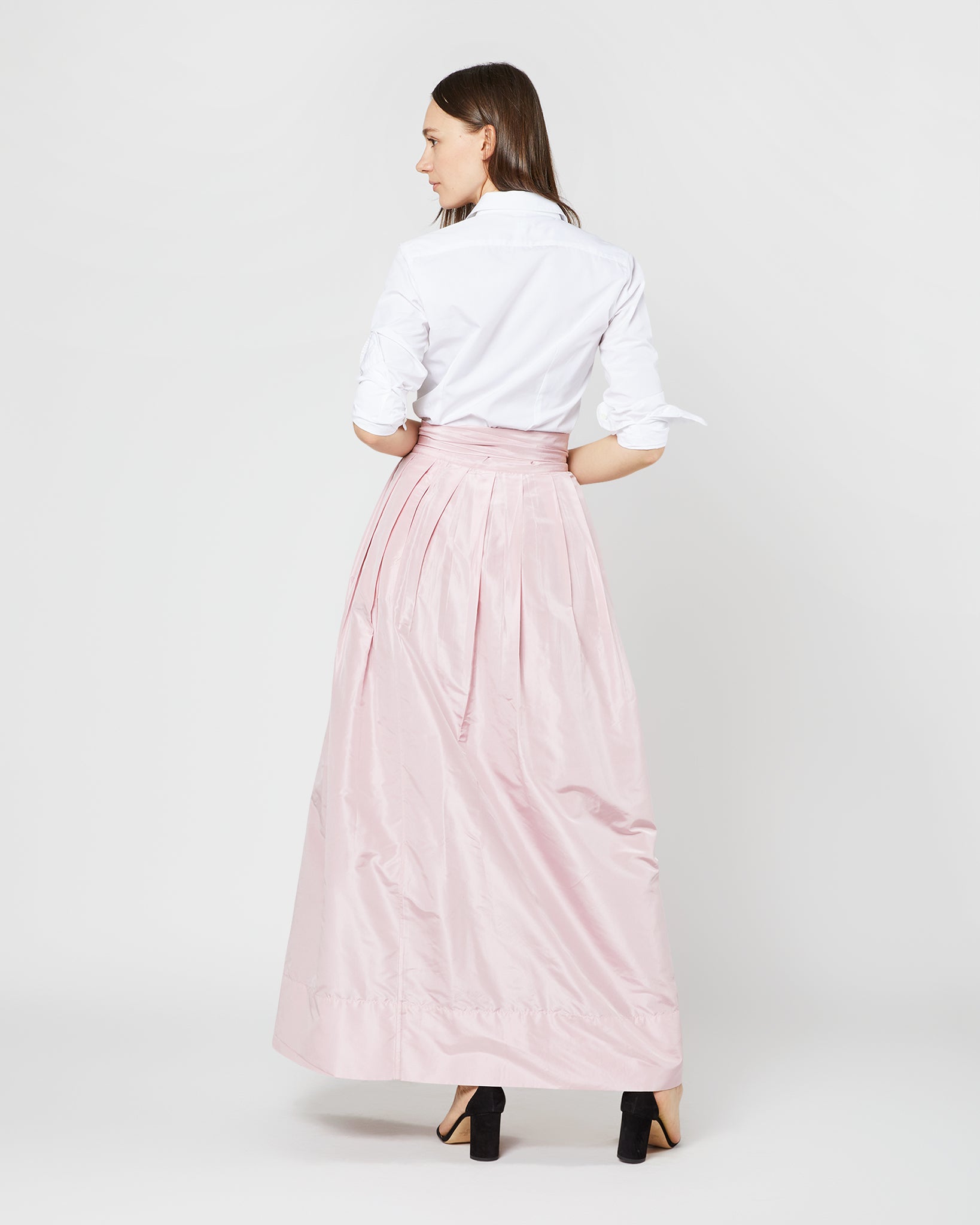 Reversible Pleated Wrap Skirt in Light Pink/Red Silk Taffeta