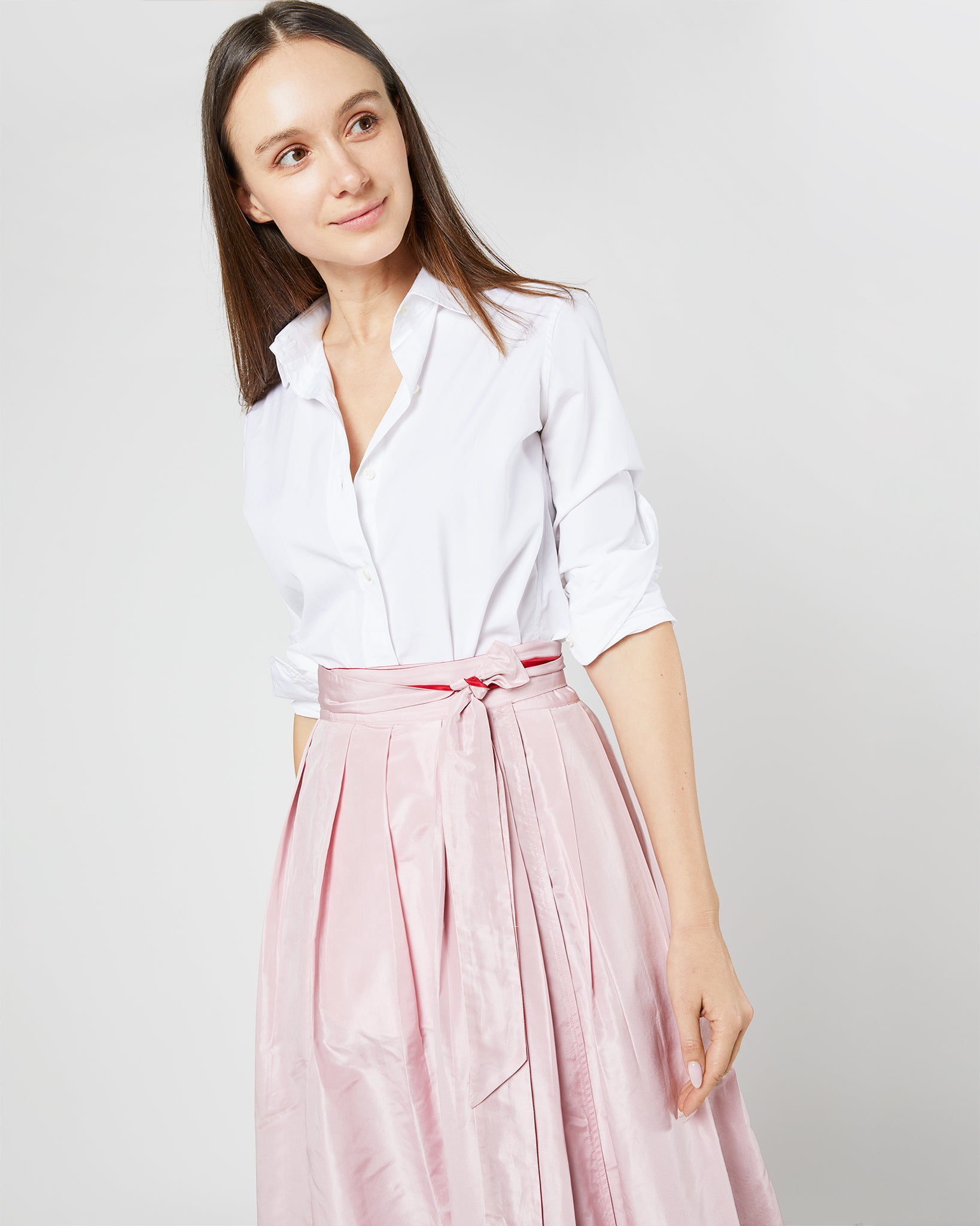 Reversible Pleated Wrap Skirt in Light Pink/Red Silk Taffeta