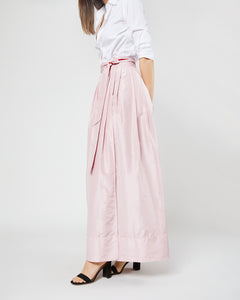 Reversible Pleated Wrap Skirt in Light Pink/Red Silk Taffeta